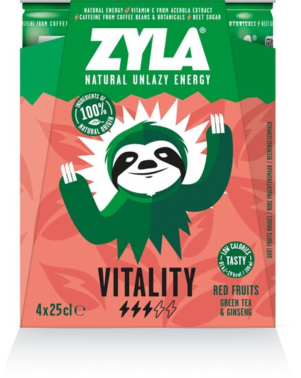 Zyla energiedrank Vitality, rode vruchten, blik van 25 cl, pak van 4 stuks