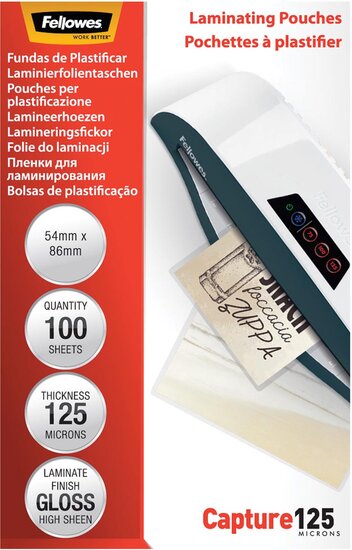 Fellowes lamineerhoes Capture125 ft 54 x 86 mm, 250 micron (2 x 125 micron), pak van 100 stuks