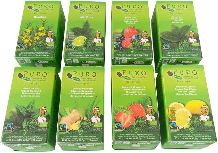 Puro Bio thee, assortiment, fairtrade, 8 pakken van 25 zakjes