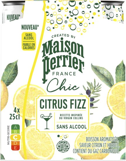 Maison Perrier mocktail Citrus Fizz, citroen- en kruidensmaak, blik van 25 cl, pak van 4 stuks