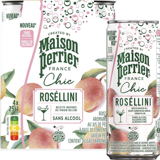 Maison Perrier mocktail Ros&eacute;llini, perzik, blik van 25 cl, pak van 4 stuks