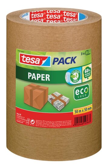 Tesapack paper ecoLogo, ft 50 mm x 50 m, bruin, pak van 3 stuks