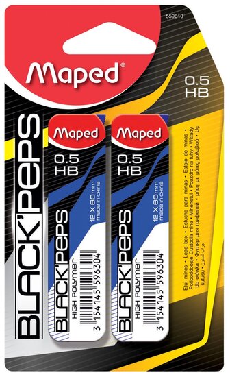 Maped Black&#039;peps potloodstiften, 0,5 mm, HB, blister van 2 etuis van 12 stuks