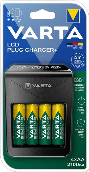 Varta batterijlader LCD Plug Charger+, inclusief 4 x AA batterij, op blister