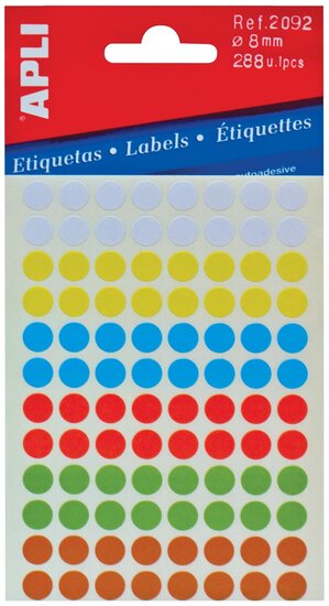 Apli ronde etiketten in etui diameter 8 mm, geassorteerde kleuren, 288 stuks, 96 per blad (2092)