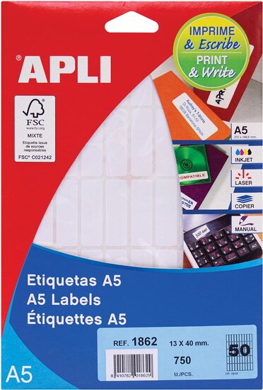 Apli witte etiketten Print &amp; Write ft 13 x 40 mm (b x h), 750 stuks, 50 per blad (1862)