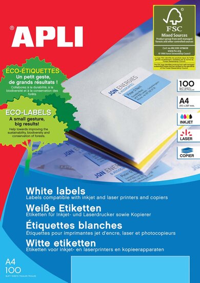 Apli Witte etiketten ft 199,6 x 289,1 mm (b x h), 100 stuks, 1 per blad (2412)