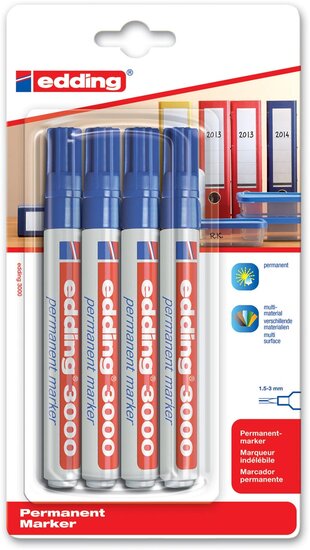 Edding permanent marker 3000, blauw, blister met 4 stuks