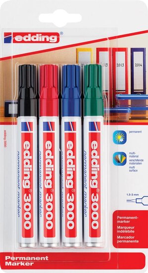 Edding permanent marker 3000, blister van 4 stuks in geassorteerde kleuren