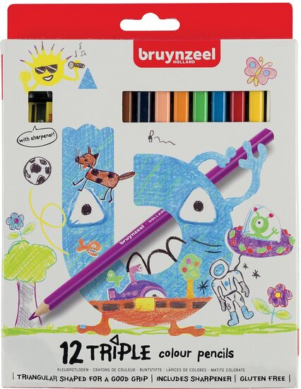 Bruynzeel Kids kleurpotloden Triple, blister van 12 geassorteerde kleuren