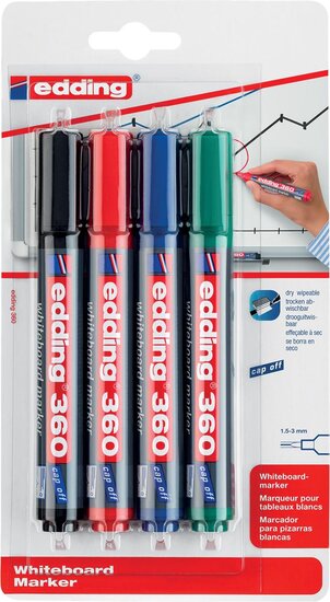 edding whiteboardmarker 360, blister met 4 stuks in geassorteerde kleuren