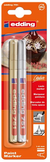 Edding glanslakmarker e-751, blister van 2 stuks, goud en zilver