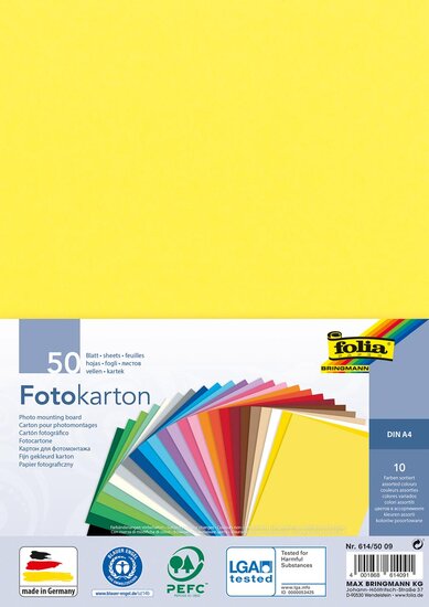 Folia gekleurd fotokarton, ft A4, pak van 50 vel in 10 geassorteerde kleuren