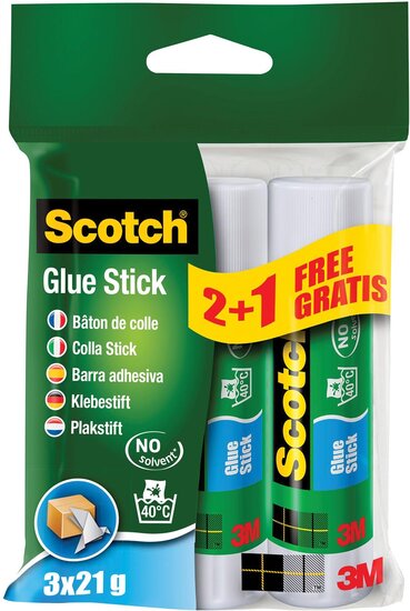 Scotch lijmstift permanent 21 g, blister van 2 + 1 stuk gratis