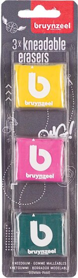 Bruynzeel kneedgum, blister met 3 stuks in geassorteerde kleuren