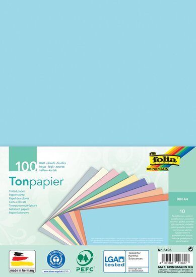 Folia gekleurd tekenpapier pastel, ft A4, pak van 100 vel in 10 geassorteerde kleuren