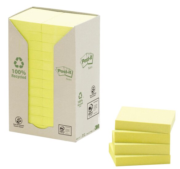 Post-it Recycled notes, 100 vel, ft 38 x 51 mm, geel, pak van 24 blokken