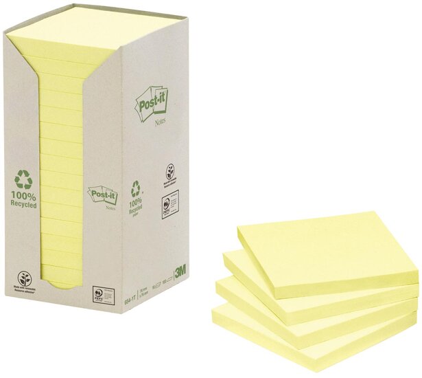 Post-it Recycled notes, 100 vel, ft 76 x 76 mm, geel, pak van 16 blokken