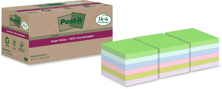 Post-it Super Sticky Notes Recycled, 70 vel, ft 76 x 76 mm, assorti, 14 + 4 GRATIS