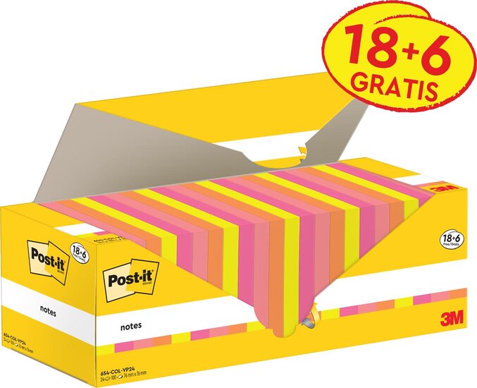 Post-it Notes, 100 vel, ft 76 x 76 mm, assorti, 18 blokken + 6 GRATIS