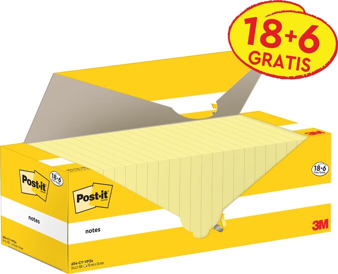 Post-it Notes, 100 vel, ft 76 x 76 mm, kanariegeel (canary yellow), 18 blokken + 6 GRATIS