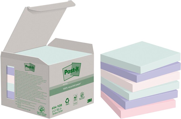 Post-it recycled notes Nature, 100 vel, ft76 x 76 mm, pak van 6 blokken, geassorteerde kleuren