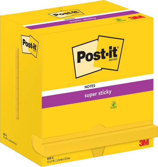 Post-it Super Sticky notes, 90 vel, ft 76 x 127 mm, pak van 12 blokken, neongeel