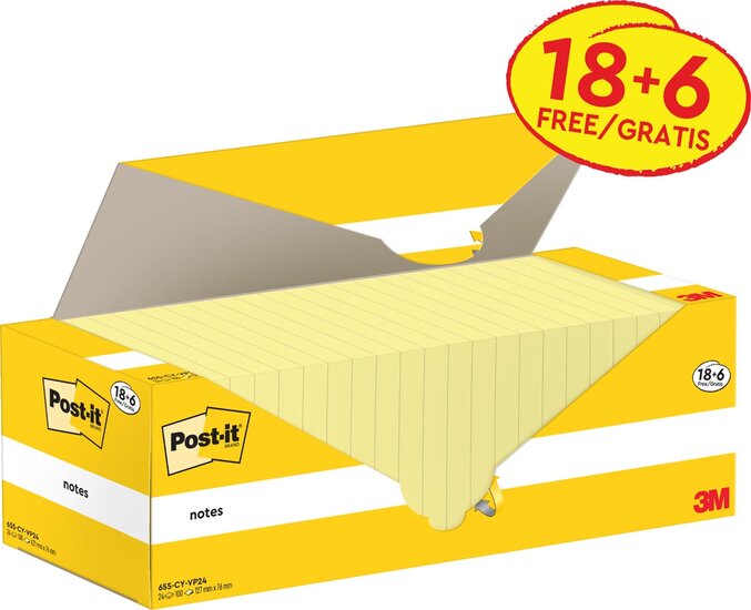 Post-it Notes, 100 vel, ft 76 x 127 mm, kanariegeel (canary yellow), 18 blokken + 6 GRATIS