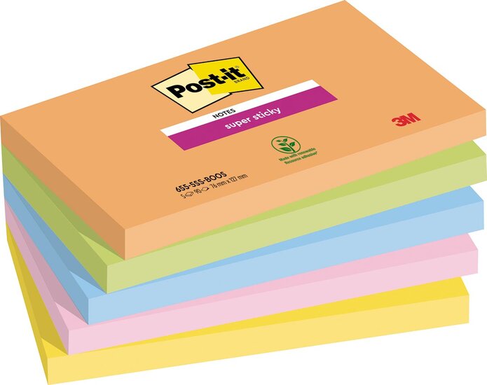 Post-it Super Sticky notes Boost, 90 vel, ft 76 x 127 mm, geassorteerde kleuren, pak van 5 blokken