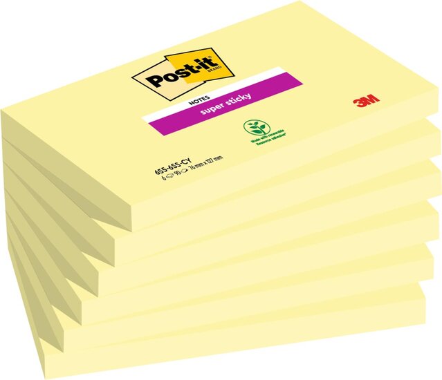 Post-it Super Sticky notes, 90 vel, ft 76 x 127 mm, pak van 6 blokken, kanariegeel