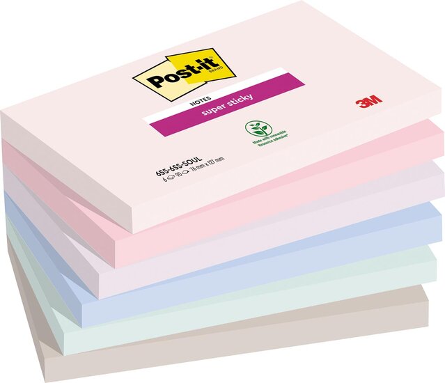 Post-it Super Sticky notes Soulful, 90 vel, ft 76 x 127 mm, geassorteerde kleuren, pak van 6 blokken