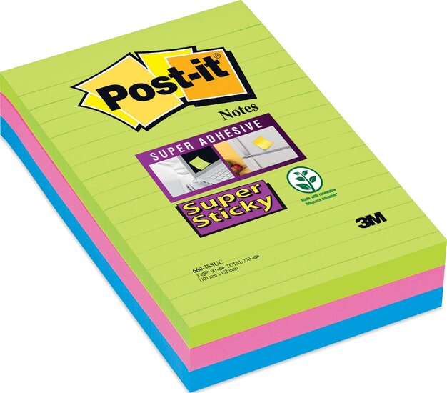 Post-it Super Sticky notes XXL, 90 vel, ft 102 x 152 mm, geassorteerde kleuren, pak van 3 blokken