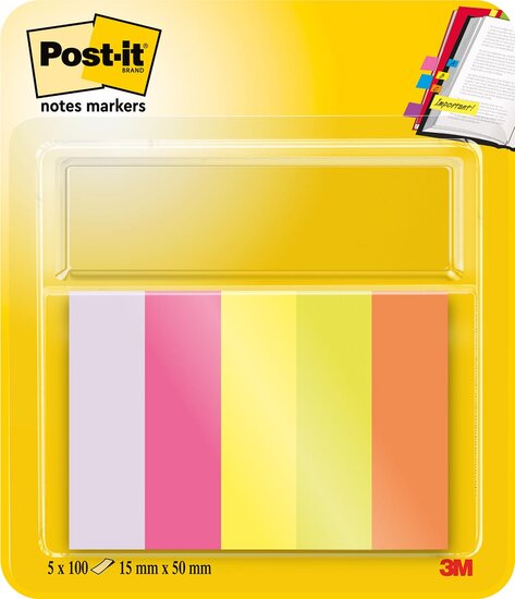 Post-it Notes Markers, ft 15 x 50 mm, geassorteerde kleuren, blister met 5 blokjes van 100 vel