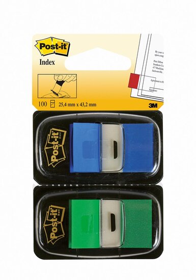 Post-it Index Standaard Duo Pack, 100 tabs, groen/blauw