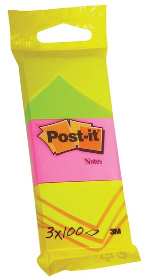 Post-it Notes, 100 vel, ft 38 x 51 mm, blister van 3 blokken in neongeel, guava roze en neongroen