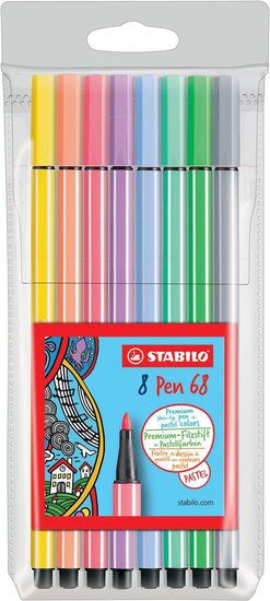 STABILO Pen 68 PastelParade viltstift, etui van 8 stuks in geassorteerde kleuren