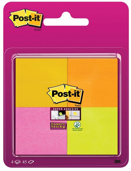 Post-It Super Sticky notes, 45 vel, ft 47,6 x 47,6 mm, blister van 4 blokken in geassorteerde kleuren