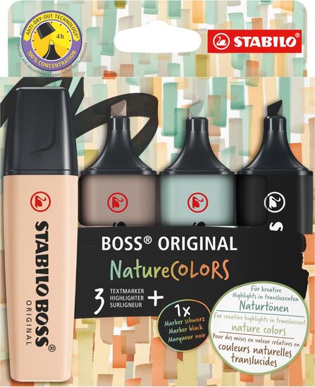 STABILO BOSS ORIGINAL NatureCOLORS markeerstift, etui van 4 stuks, assorti