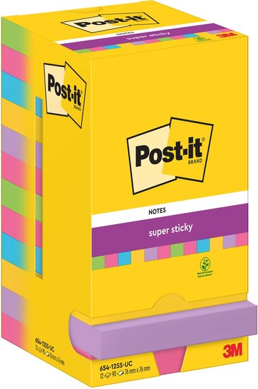 Post-It Super Sticky Notes, 90 vel, ft 76 x 76 mm, assorti, pak van 12 blokken