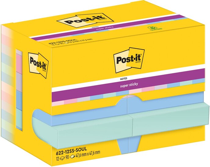 Post-It Super Sticky Notes Soulful, 90 vel, ft 47,6 x 47,6 mm, pak van 12 blokken