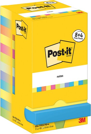 Post-It Notes Energetic, 100 vel, ft 76 x 76 mm, 8 + 4 GRATIS