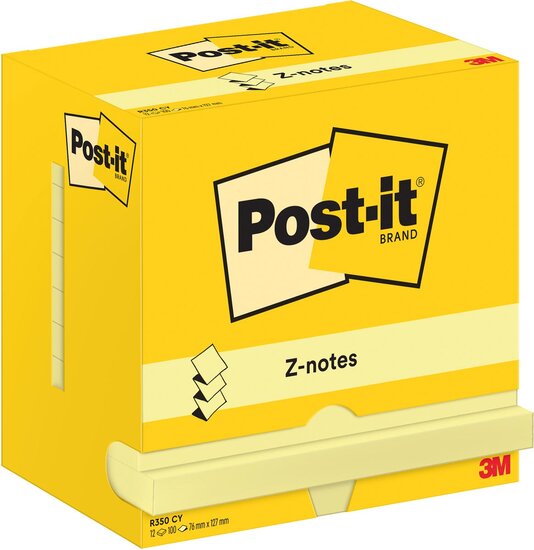 Post-It Z-Notes , 100 vel, ft 76 x 127 mm, geel, pak van 12 blokken