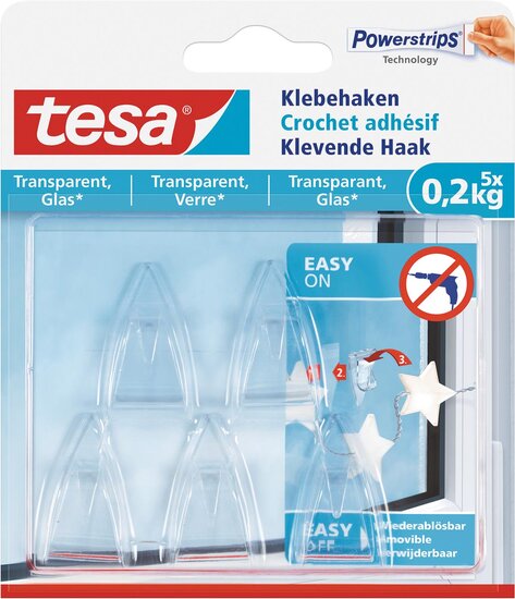 Tesa klevende Haak voor Transparant en Glas, draagvermogen 200 g, blister van 5 stuks