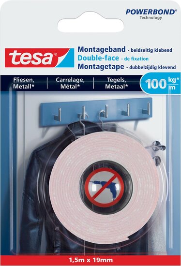 Tesa Powerbond montagetape Tegels en Metaal, 19 mm x 1,5 m