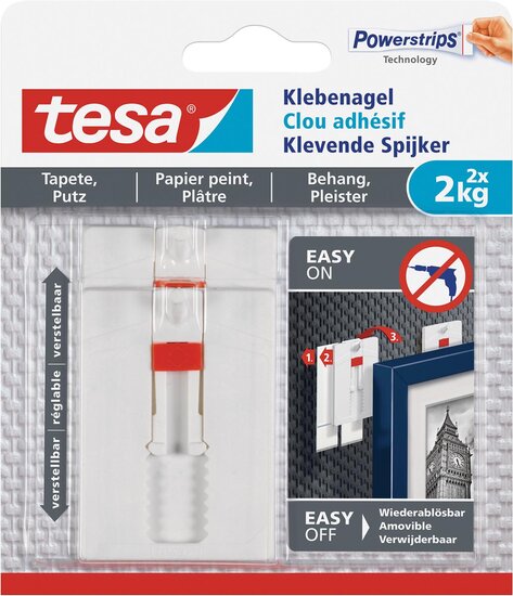 Tesa Klevende Spijker voor Behang en Pleisterwerk , verstelbaar, draagvermogen 2 kg, blister van 2 stuks