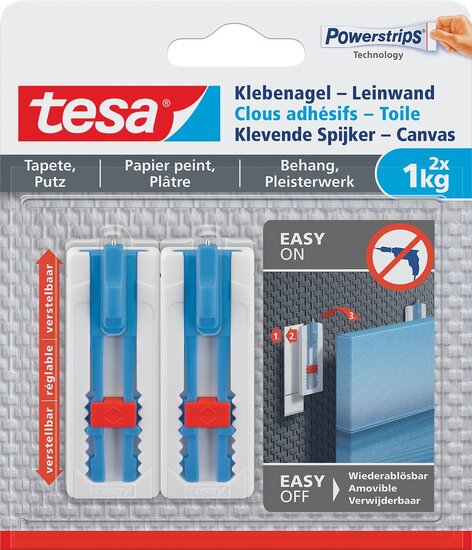 Tesa Klevende Spijker Canvas, draagkracht 1 kg, behang en pleisterwerk, wit, 2 spijkers en 3 strips