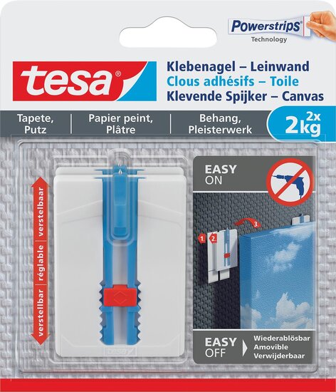 Tesa Klevende Spijker Canvas, draagkracht 2 kg, behang en pleisterwerk, wit, 2 spijkers en 6 strips