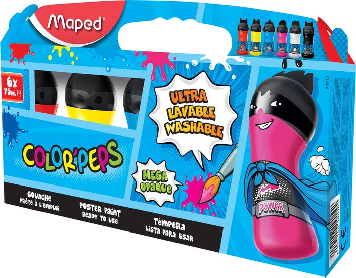 Maped Color&#039;Peps plakkaatverf, ophangdoos met 6 flacons van 75 ml in primaire geassorteerde kleuren