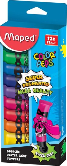 Maped Color&#039;Peps plakkaatverf, tubes van 12 ml, ophangdoos met 12 tubes in geassorteerde kleuren