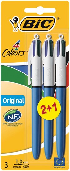 Bic Colours Original 4-kleurenbalpen, medium, klassieke inktkleuren, blauw, op blister 2+1 gratis